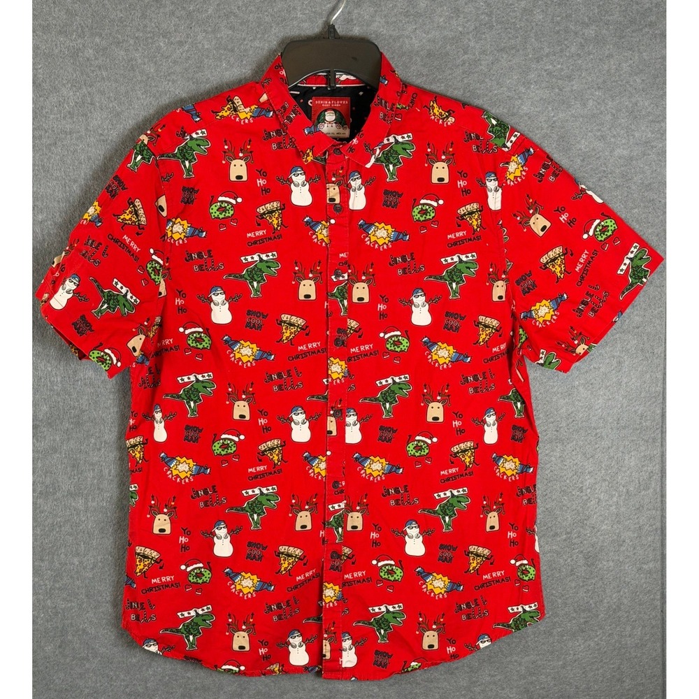Denim & Flower Red Holiday Print Short Sleeve Button-Down Shirt